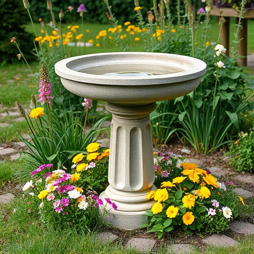 Stone bird bath surrounded by wildflowers