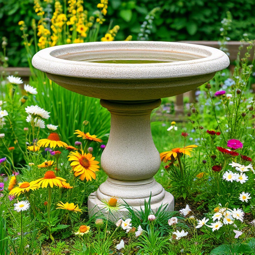 Stone bird bath surrounded by wildflowers