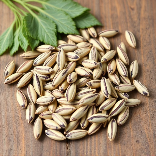 Striped sunflower seeds on wooden table