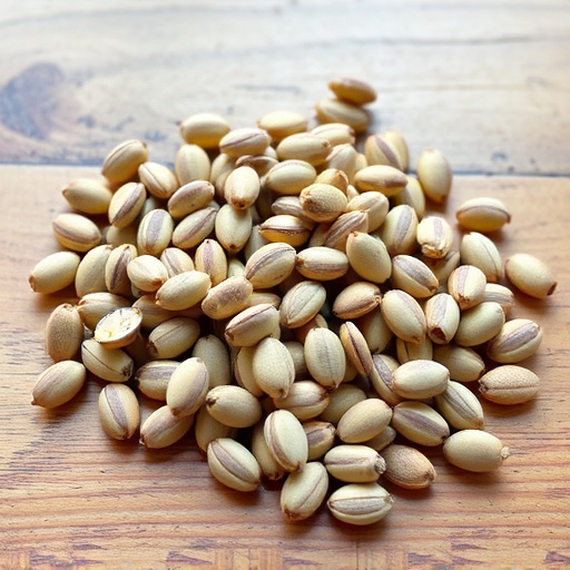 Striped sunflower seeds on wooden table
