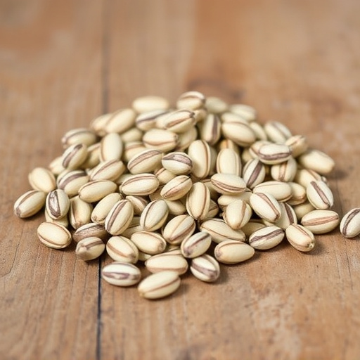 Striped sunflower seeds on wooden table