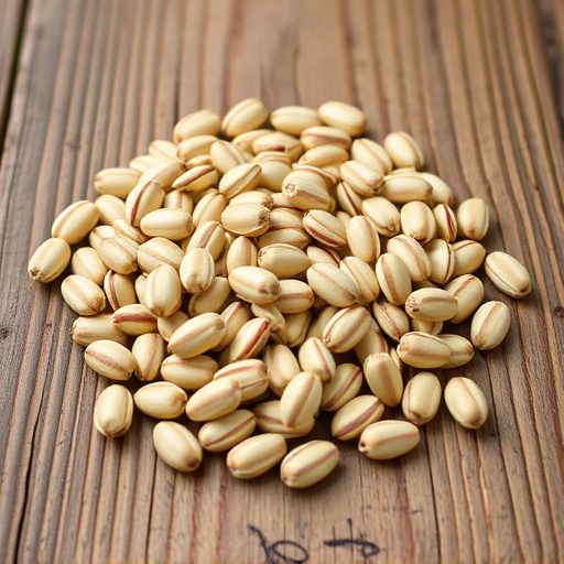 Striped sunflower seeds on wooden table