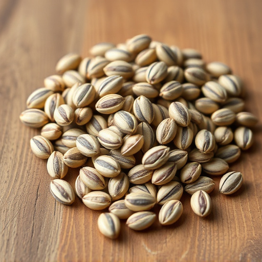 Striped sunflower seeds on wooden table