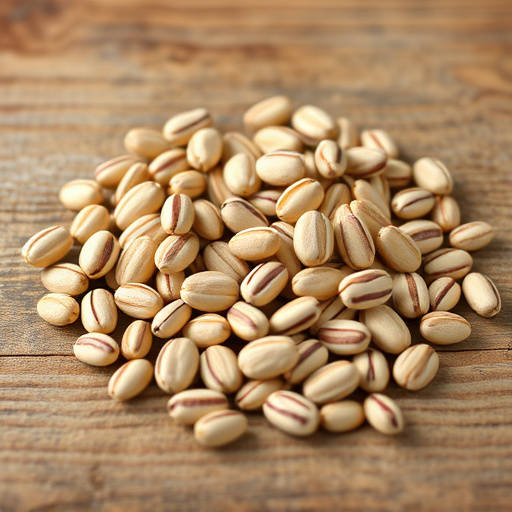 Striped sunflower seeds on wooden table