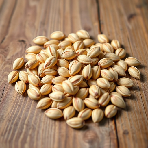 Striped sunflower seeds on wooden table