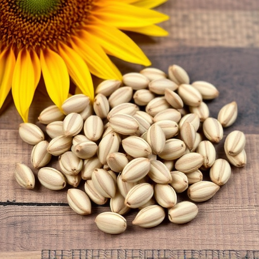Striped sunflower seeds on wooden table