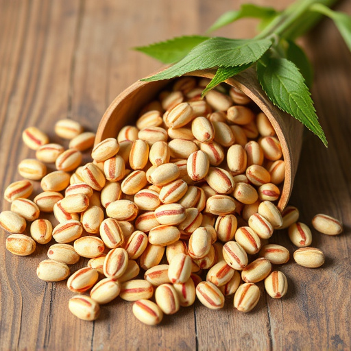 Striped sunflower seeds on wooden table
