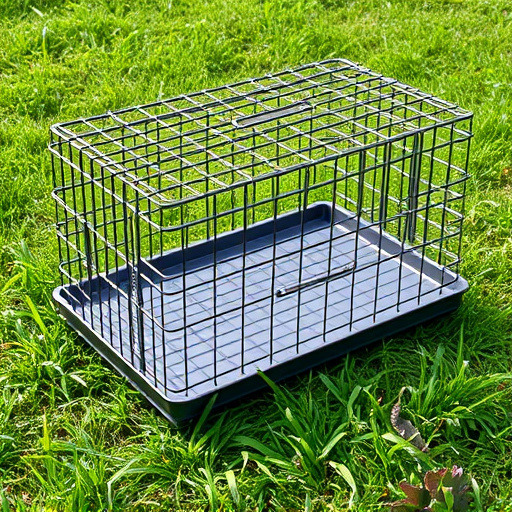 Sturdy caged tray on grassy ground