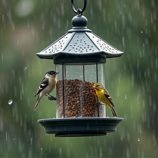 Sturdy weatherproof bird feeder in rain