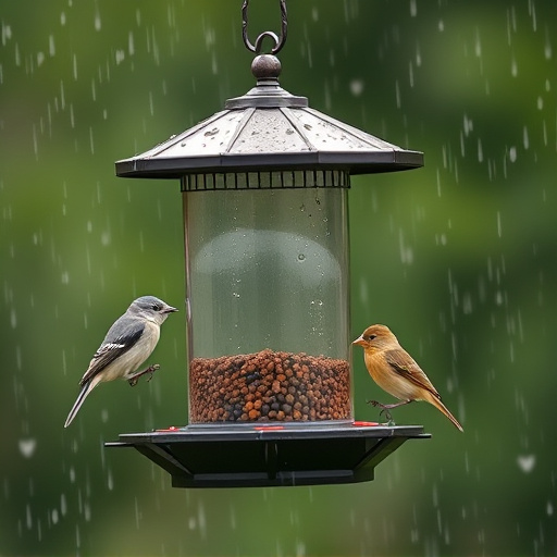 Sturdy weatherproof bird feeder in rain