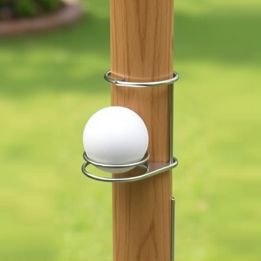 Suet ball holder attached to wooden post