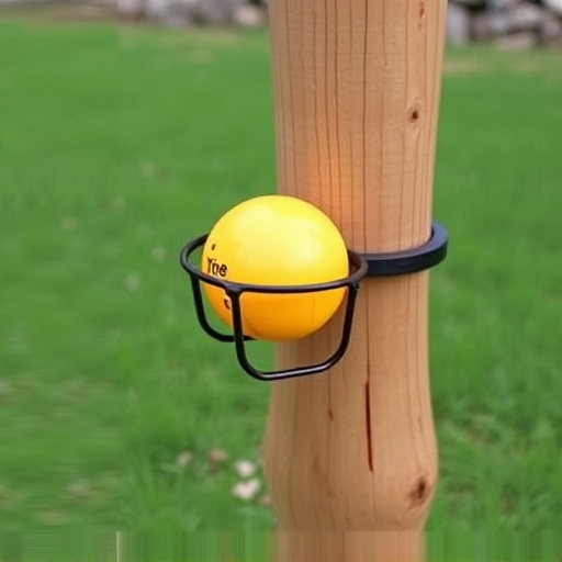 Suet ball holder attached to wooden post