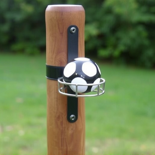 Suet ball holder attached to wooden post
