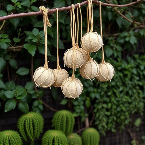 Suet balls hanging near hedgerow plants