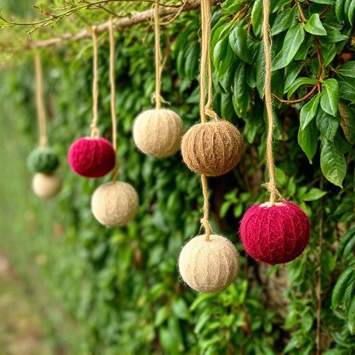 Suet balls hanging near hedgerow plants