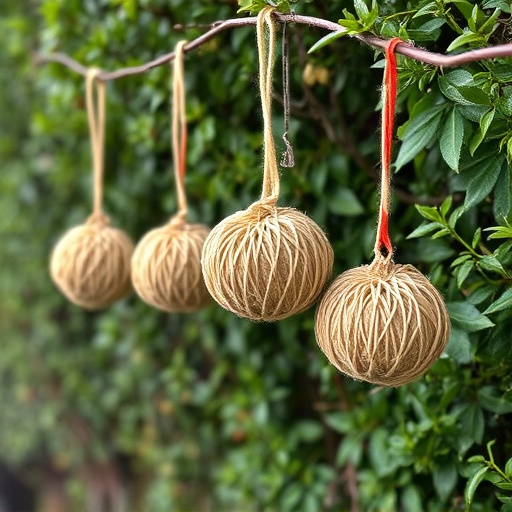 Suet balls hanging near hedgerow plants