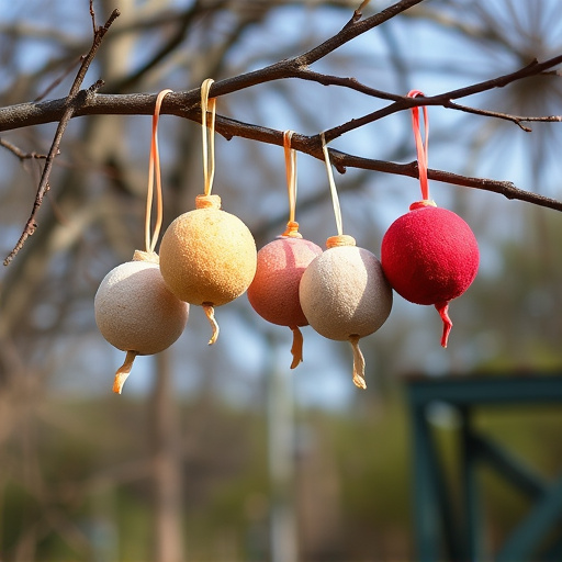 Suet balls hanging on tree branch