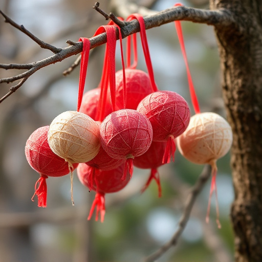 Suet balls hanging on tree branch