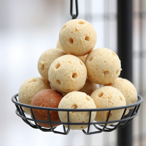 Suet balls stacked inside wire feeder cage