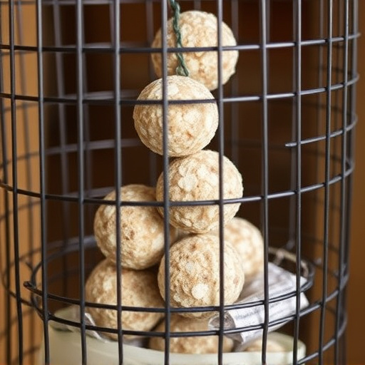 Suet balls stacked inside wire feeder cage