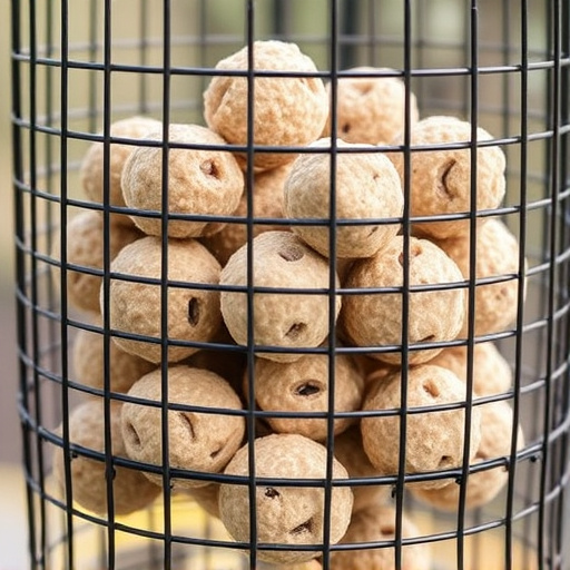 Suet balls stacked inside wire feeder cage