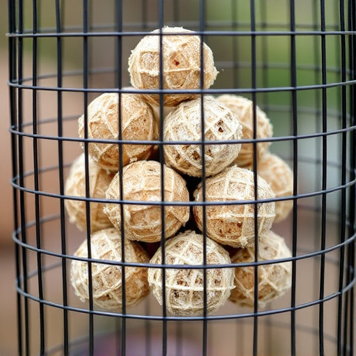 Suet balls stacked inside wire feeder cage