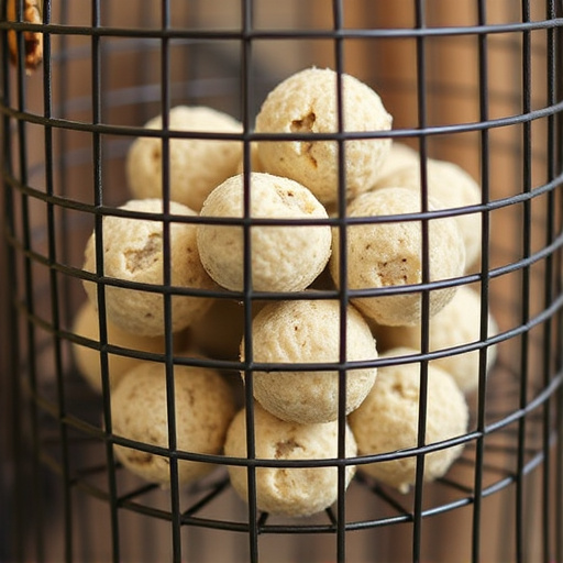Suet balls stacked inside wire feeder cage
