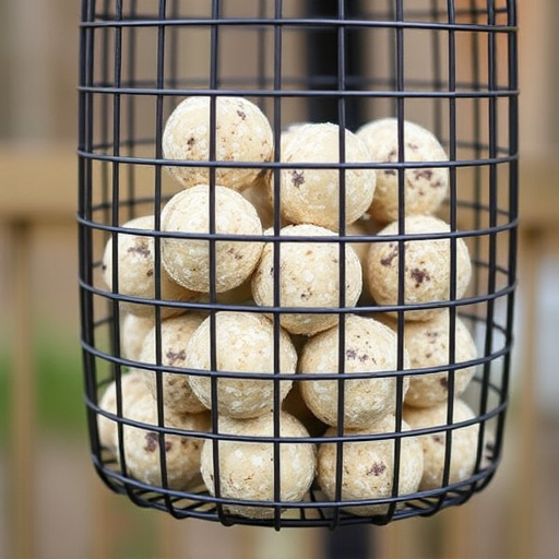 Suet balls stacked inside wire feeder cage
