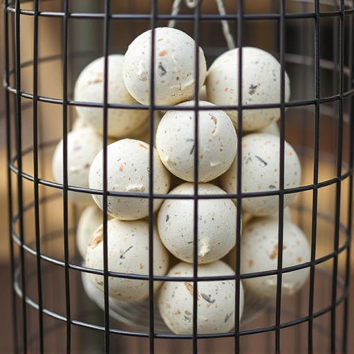 Suet balls stacked inside wire feeder cage