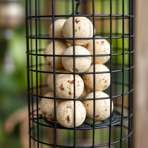 Suet balls stacked inside wire feeder cage