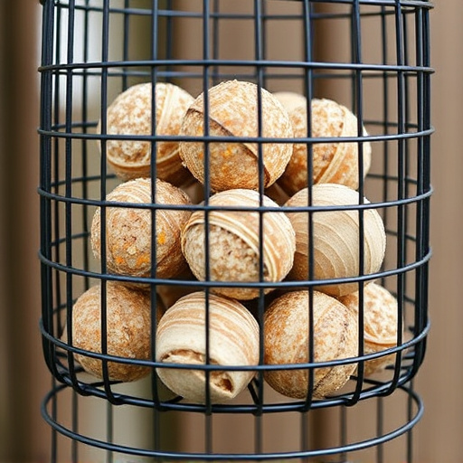 Suet balls stacked inside wire feeder cage