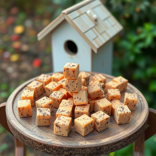 Suet cubes scattered on bird table outdoors
