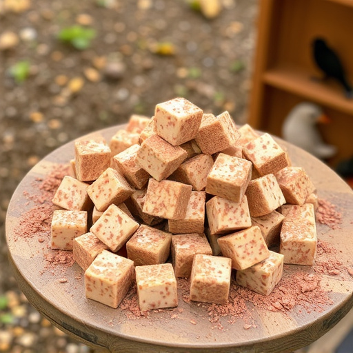 Suet cubes scattered on bird table outdoors