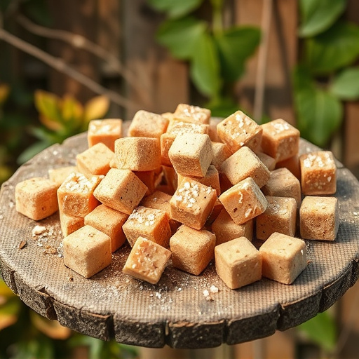 Suet cubes scattered on bird table outdoors