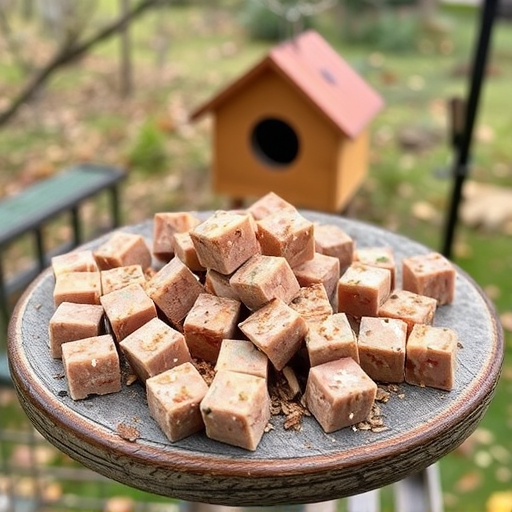 Suet cubes scattered on bird table outdoors