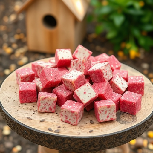 Suet cubes scattered on bird table outdoors