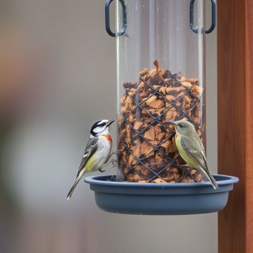 Suet-filled feeder attracting small songbirds