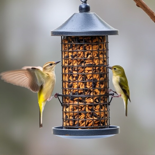 Suet-filled feeder attracting small songbirds