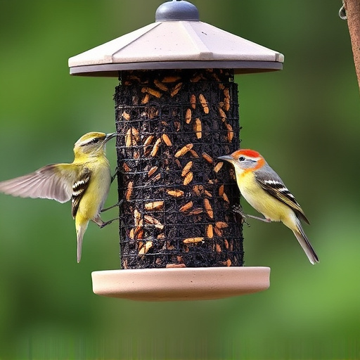 Suet-filled feeder attracting small songbirds