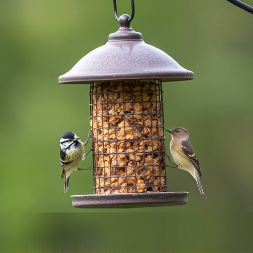 Suet-filled feeder attracting small songbirds