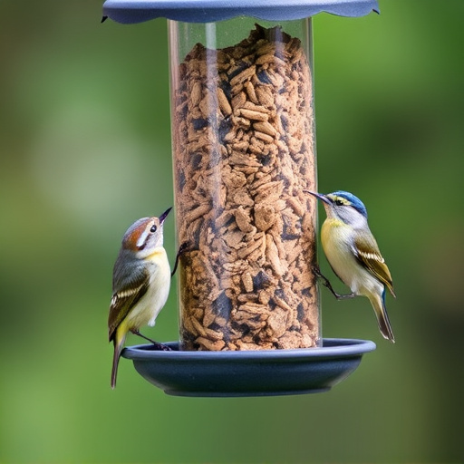 Suet-filled feeder attracting small songbirds