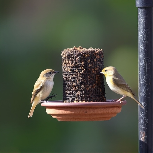 Suet-filled feeder attracting small songbirds