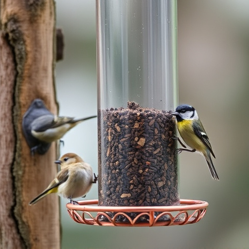 Suet-filled feeder attracting small songbirds