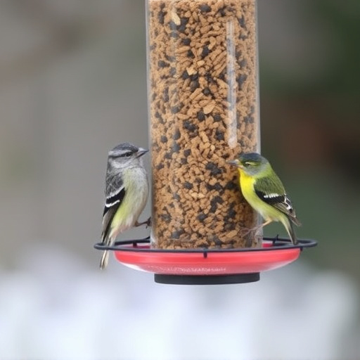 Suet-filled feeder attracting small songbirds