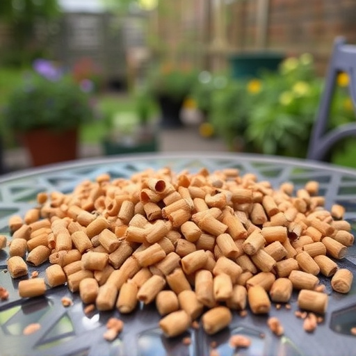 Suet pellets scattered on garden table