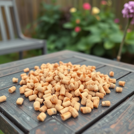 Suet pellets scattered on garden table