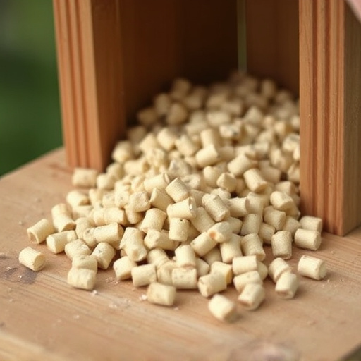 Suet pellets scattered on wooden bird table