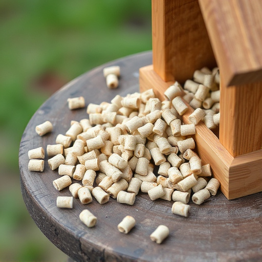 Suet pellets scattered on wooden bird table