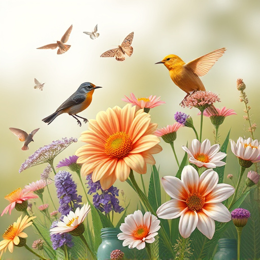 Summer flowers with birds nearby
