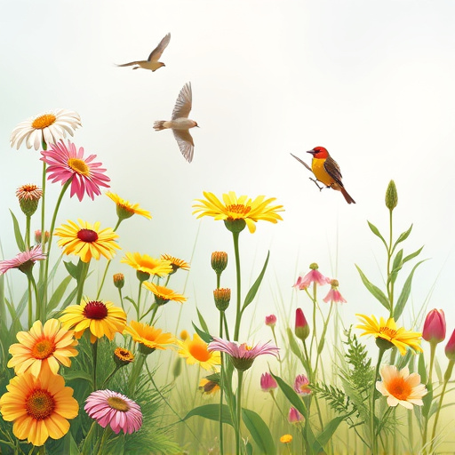 Summer flowers with birds nearby